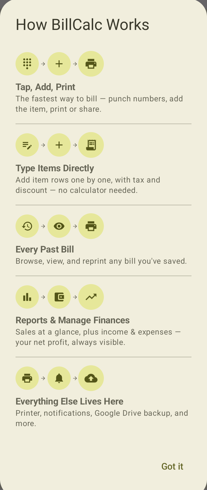 BillCalc's in-app guide summarizing how each screen works