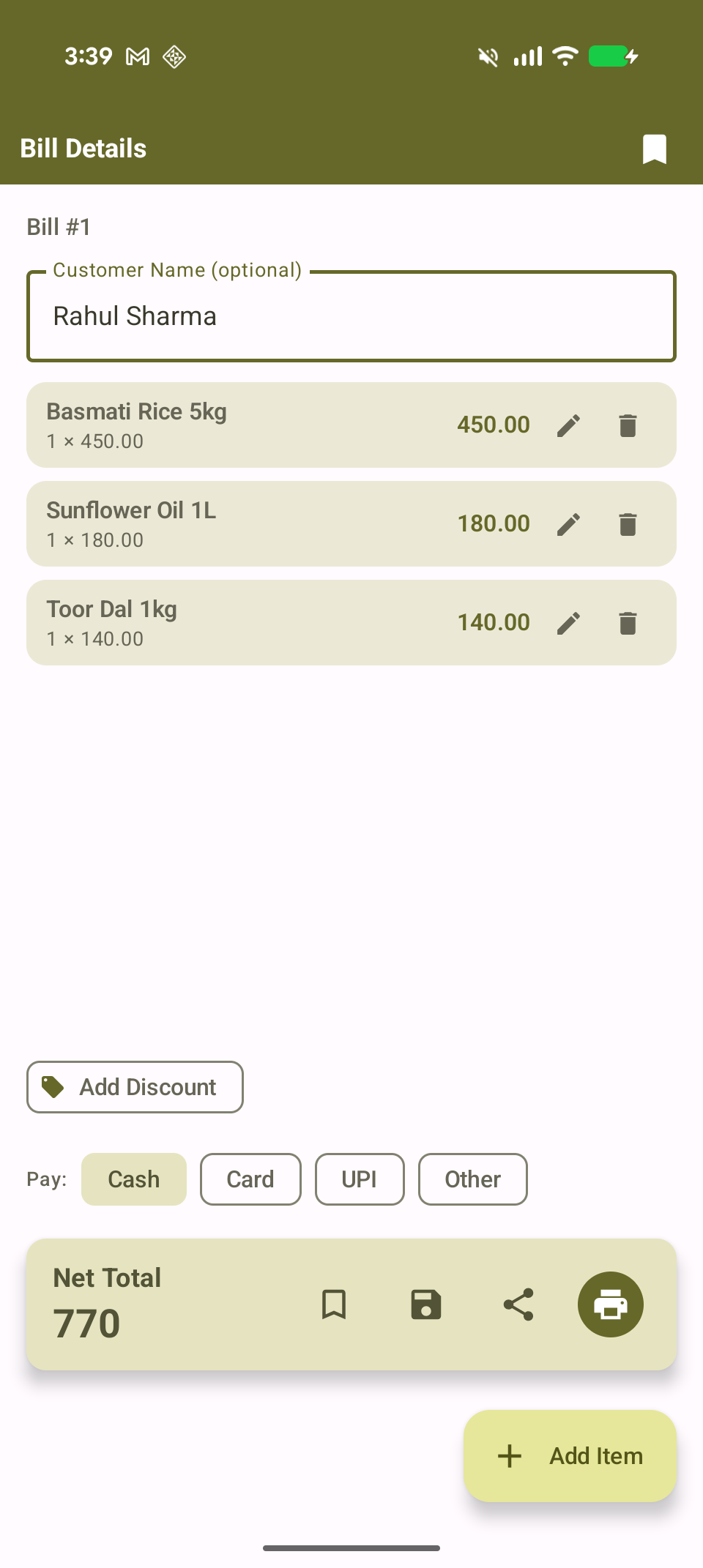 Bill Details screen showing itemized bill with customer name and Cash payment selected