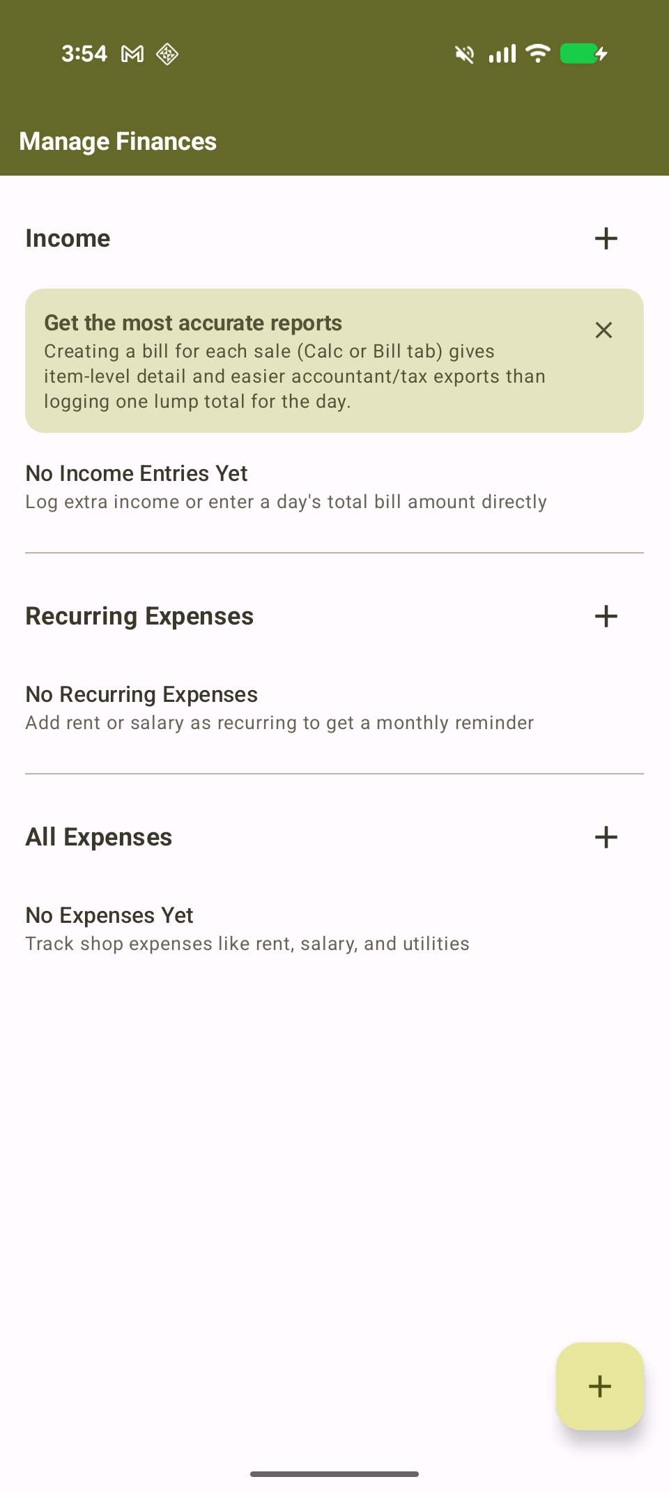 Manage Finances screen with Income, Recurring Expenses, and All Expenses sections