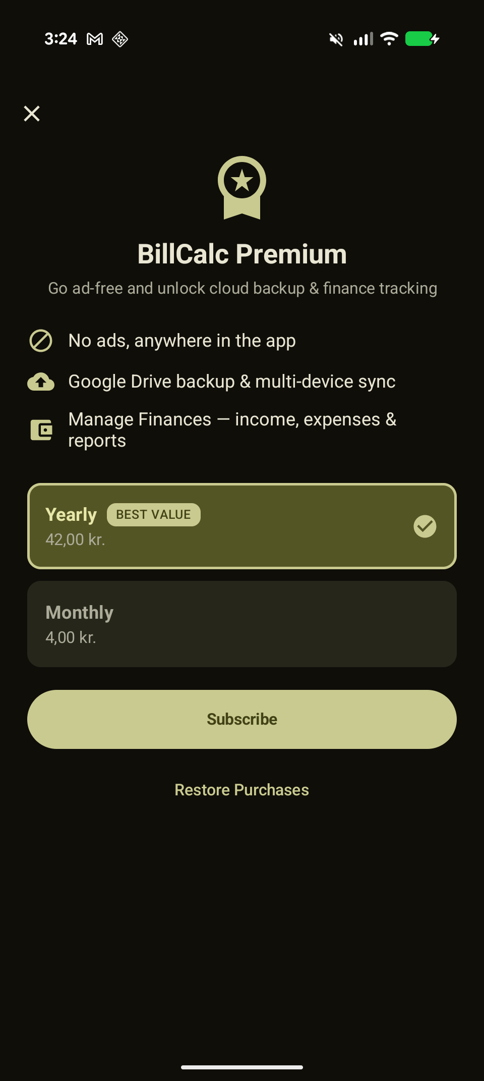 BillCalc Premium plan selection screen with monthly and yearly pricing