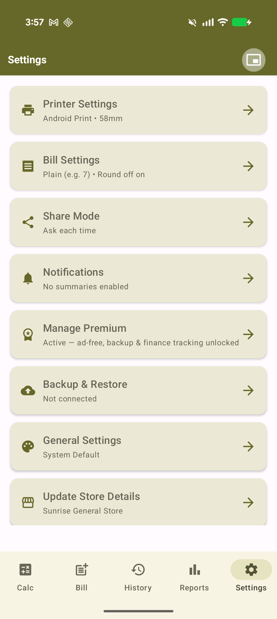 Settings hub screen with Premium active